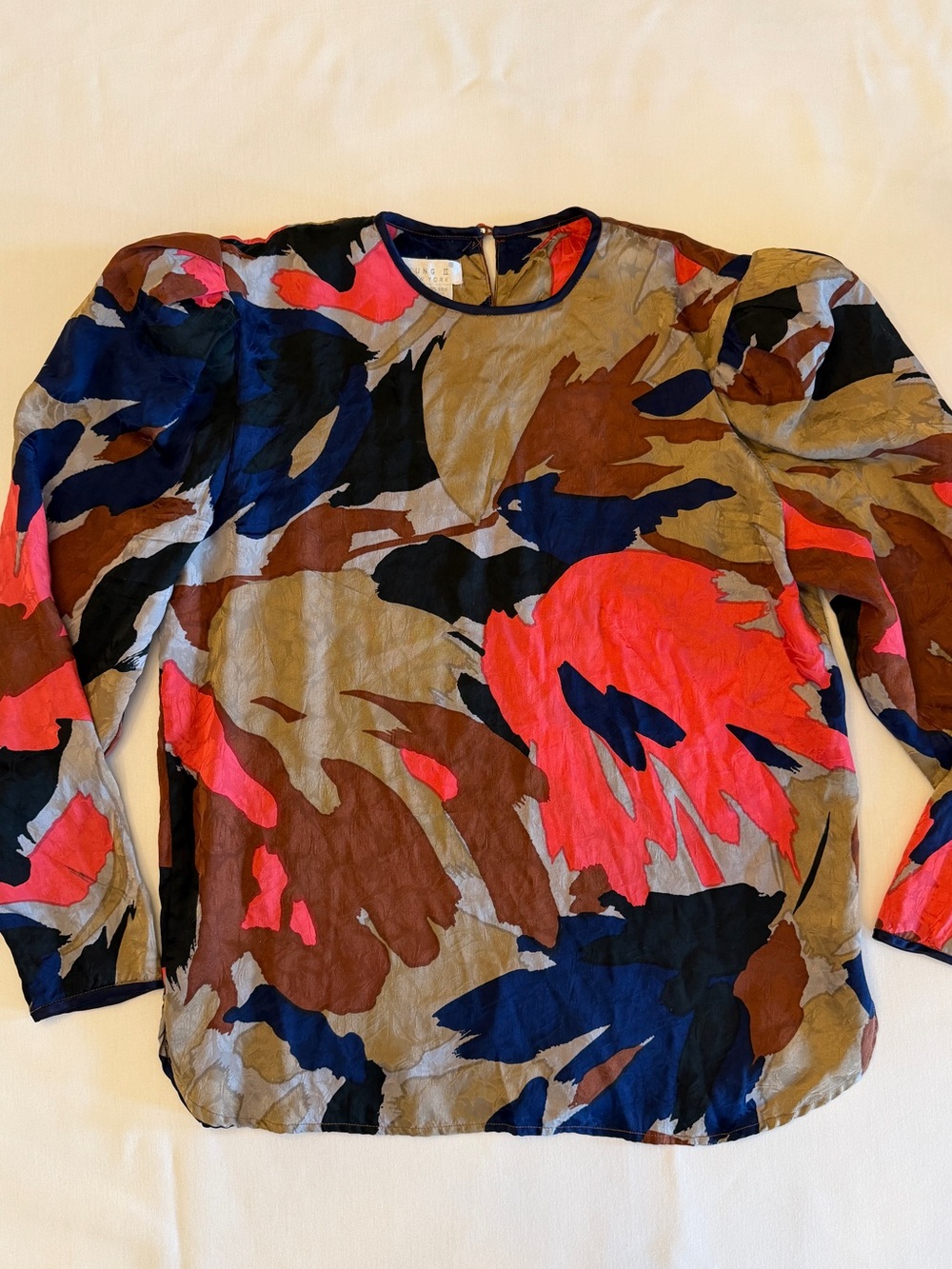 Vintage Flora Kung Silk Floral Long-Sleeve Blouse in Coral, Navy & Brown